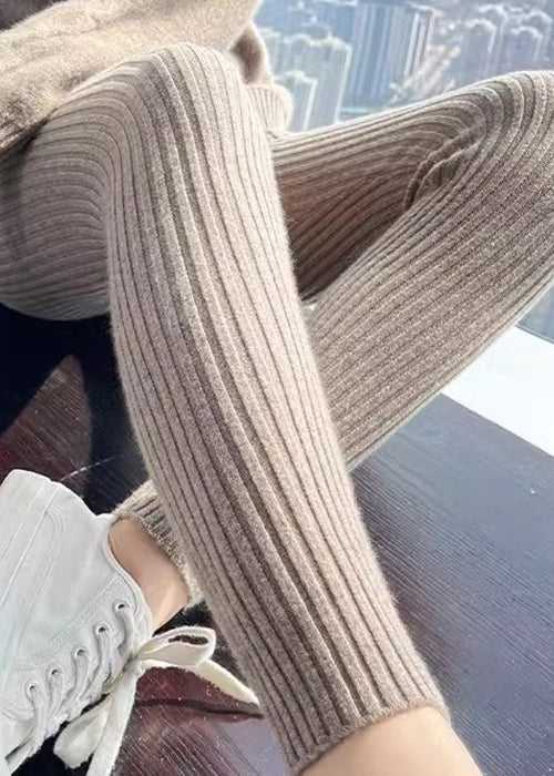 Slim Fit Khaki Striped Elastic Waist Solid Woolen Crop Pants