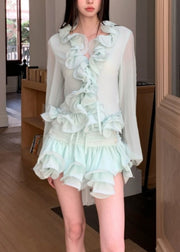 Slim Fit Light Green V Neck Ruffled Chiffon Shirt And Skirts Two Pieces Set Fall