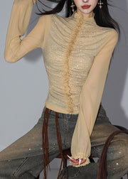 Slim Fit Light Khaki Turtleneck Sequins Patchwork Tulle Shirt Fall