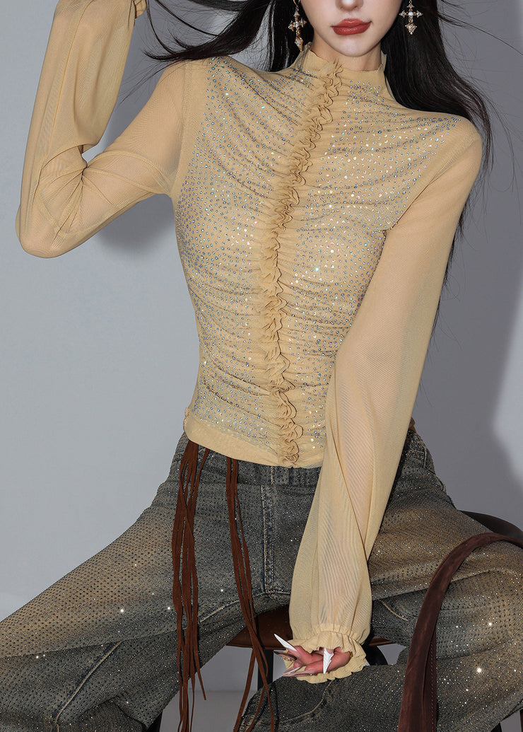 Slim Fit Light Khaki Turtleneck Sequins Patchwork Tulle Shirt Fall