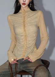 Slim Fit Light Khaki Turtleneck Sequins Patchwork Tulle Shirt Fall