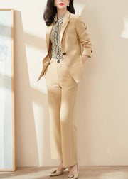 Slim Fit Light Yellow Notched Coat And Pants Spandex Two Pieces Set Fall