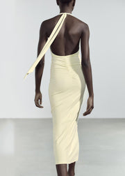Slim Fit Light Yellow V Neck Backless Cotton Long Dress Sleeveless