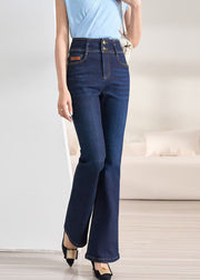 Slim Fit Navy Button High Waist Denim Flare Bottoms Fall