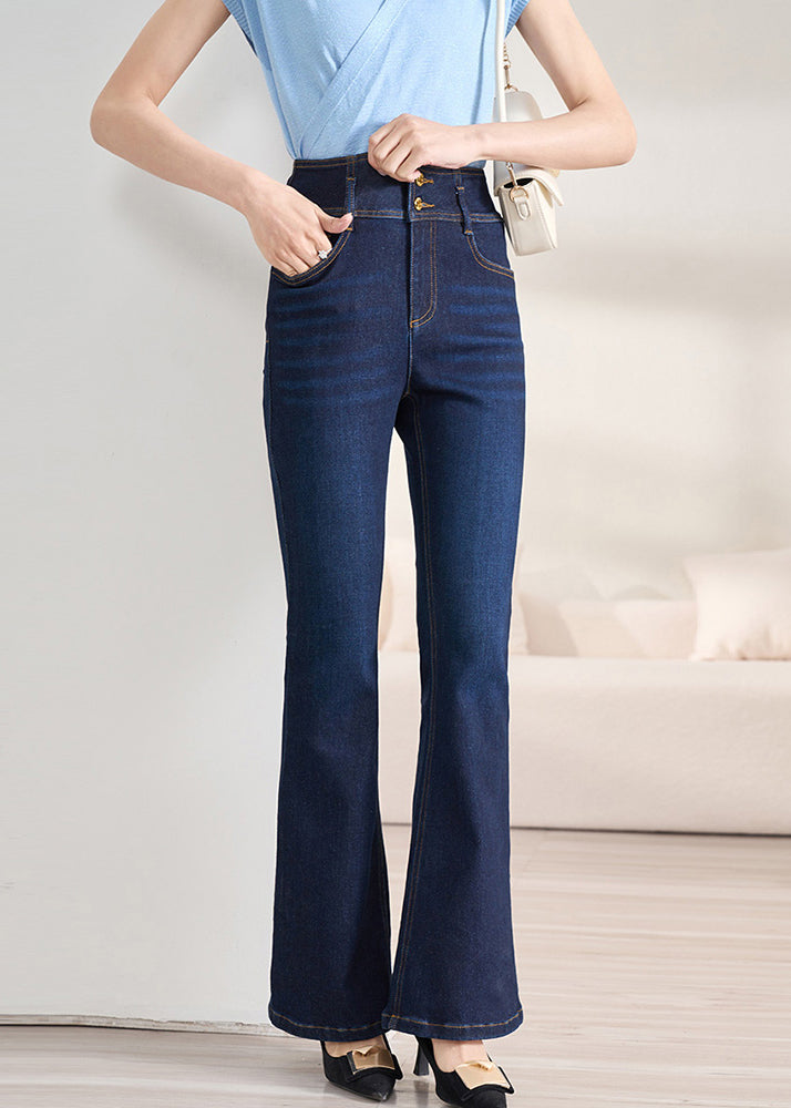 Slim Fit Navy Button High Waist Denim Flare Bottoms Fall