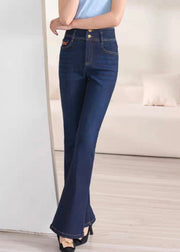 Slim Fit Navy Button High Waist Denim Flare Bottoms Fall