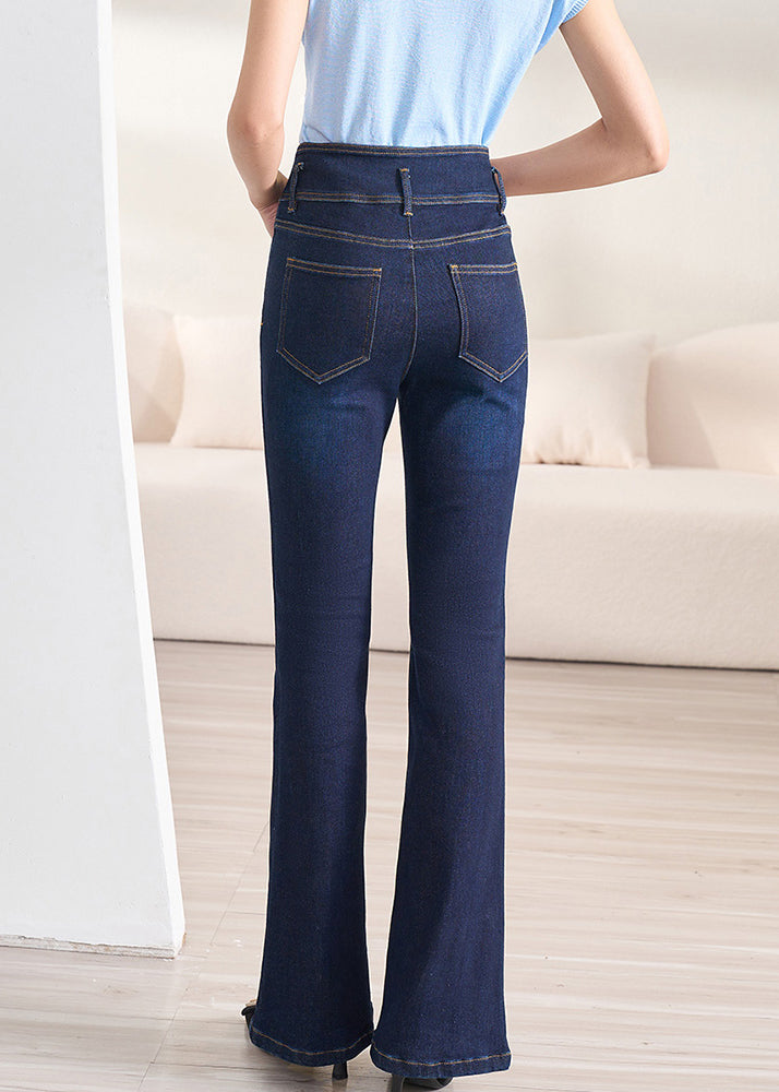 Slim Fit Navy Button High Waist Denim Flare Bottoms Fall