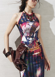 Slim Fit Navy Print Side Open Cotton Long Dresses Sleeveless