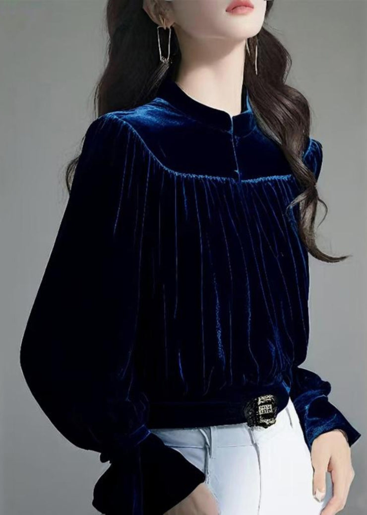 Slim Fit Navy Stand Collar Wrinkled Silk Velour Shirt Fall