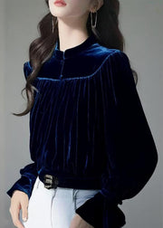 Slim Fit Navy Stand Collar Wrinkled Silk Velour Shirt Fall