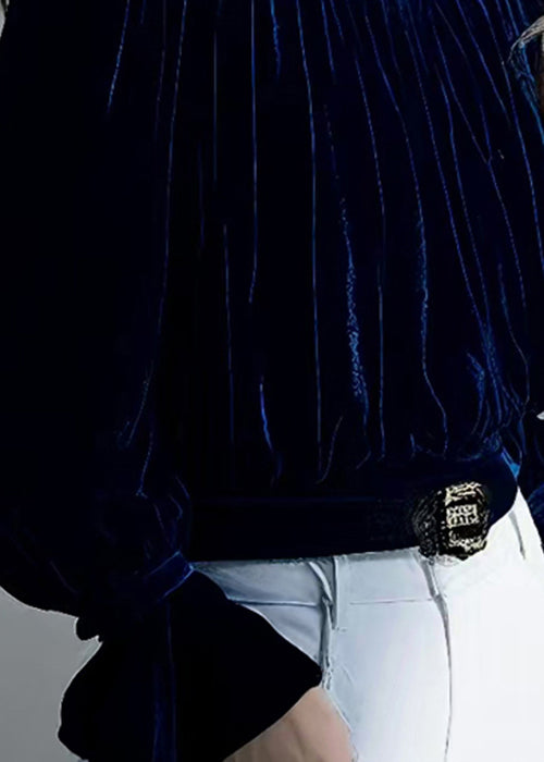 Slim Fit Navy Stand Collar Wrinkled Silk Velour Shirt Fall
