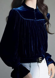 Slim Fit Navy Stand Collar Wrinkled Silk Velour Shirt Fall