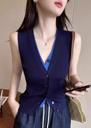 Slim Fit Navy V Neck Button False Two Pieces Knit Vest Sleeveless
