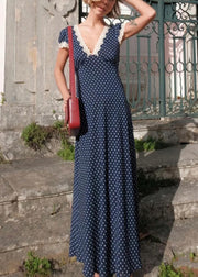 Slim Fit Navy V Neck Dot Cotton Long Dress Summer