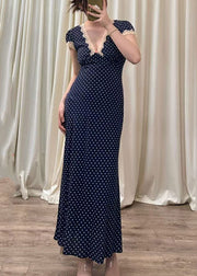 Slim Fit Navy V Neck Dot Cotton Long Dress Summer