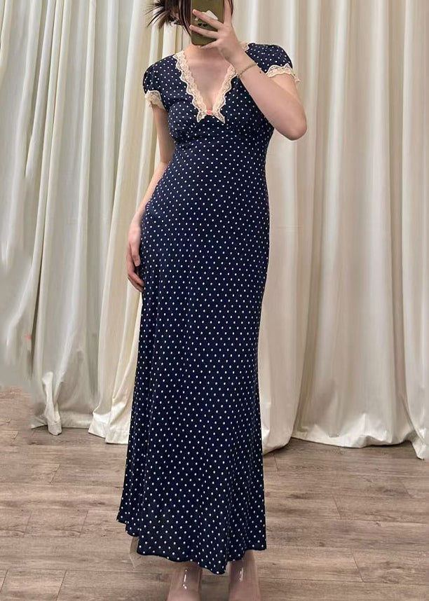Slim Fit Navy V Neck Dot Cotton Long Dress Summer