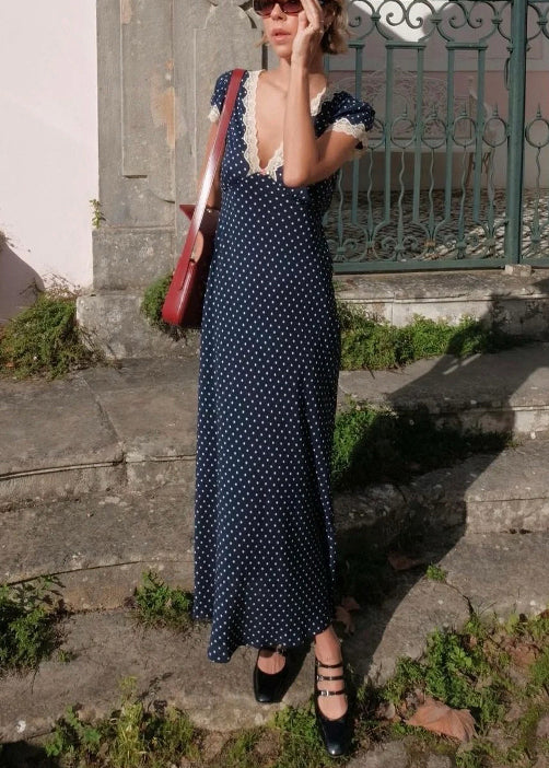 Slim Fit Navy V Neck Dot Cotton Long Dress Summer