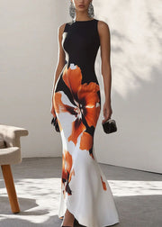 Slim Fit O Neck Print Cotton Long Dress Sleeveless