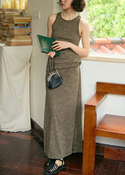 Slim Fit O Neck Top And Skirts Cotton Two Pieces Set Sleeveless