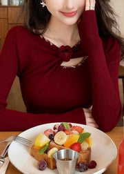 Slim Fit Oatmeal Floral Solid Knit Sweater Fall