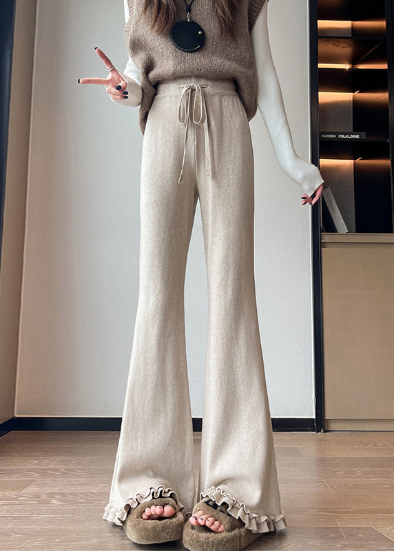 Slim Fit Oatmeal Ruffled Drawstring Knit Flare Bottoms Fall