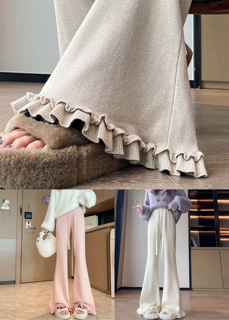 Slim Fit Oatmeal Ruffled Drawstring Knit Flare Bottoms Fall