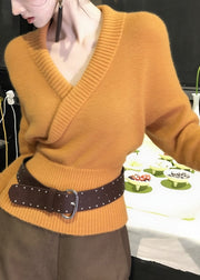 Slim Fit Orange V Neck Cozy Knit Sweater Fall