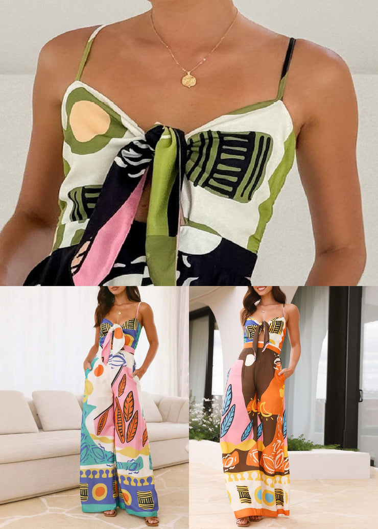 Slim Fit Orange V Neck Print Pockets Cotton Spaghetti Strap Jumpsuit Summer