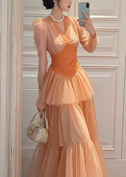 Slim Fit Orange Wrinkled Patchwork Chiffon Long Dresses Spring