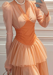 Slim Fit Orange Wrinkled Patchwork Chiffon Long Dresses Spring
