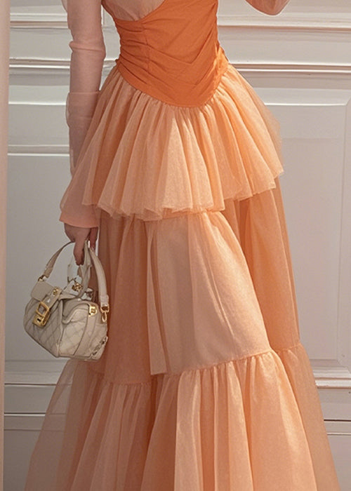Slim Fit Orange Wrinkled Patchwork Chiffon Long Dresses Spring
