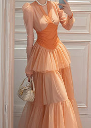 Slim Fit Orange Wrinkled Patchwork Chiffon Long Dresses Spring