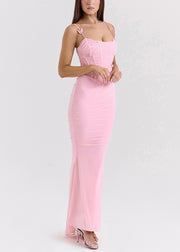 Slim Fit Pink Butterfly Wrinkled Tulle Spaghetti Strap Dress Sleeveless