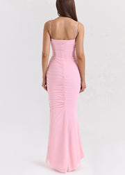 Slim Fit Pink Butterfly Wrinkled Tulle Spaghetti Strap Dress Sleeveless