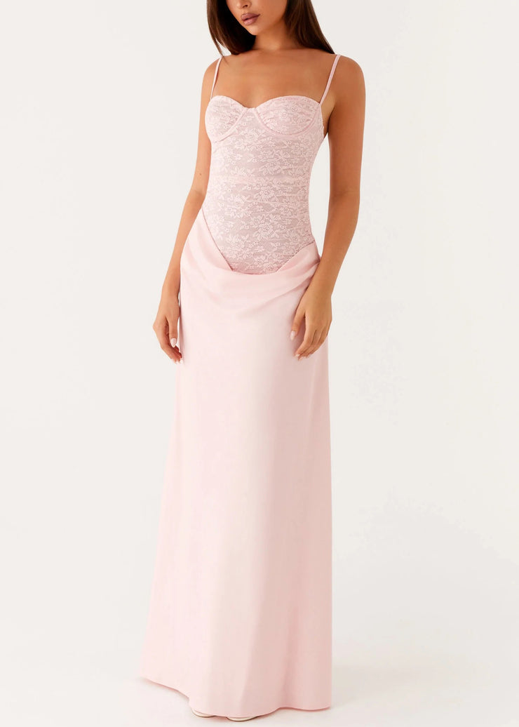Slim Fit Pink Cold Shoulder Lace Patchwork Spaghetti Strap Dress Sleeveless