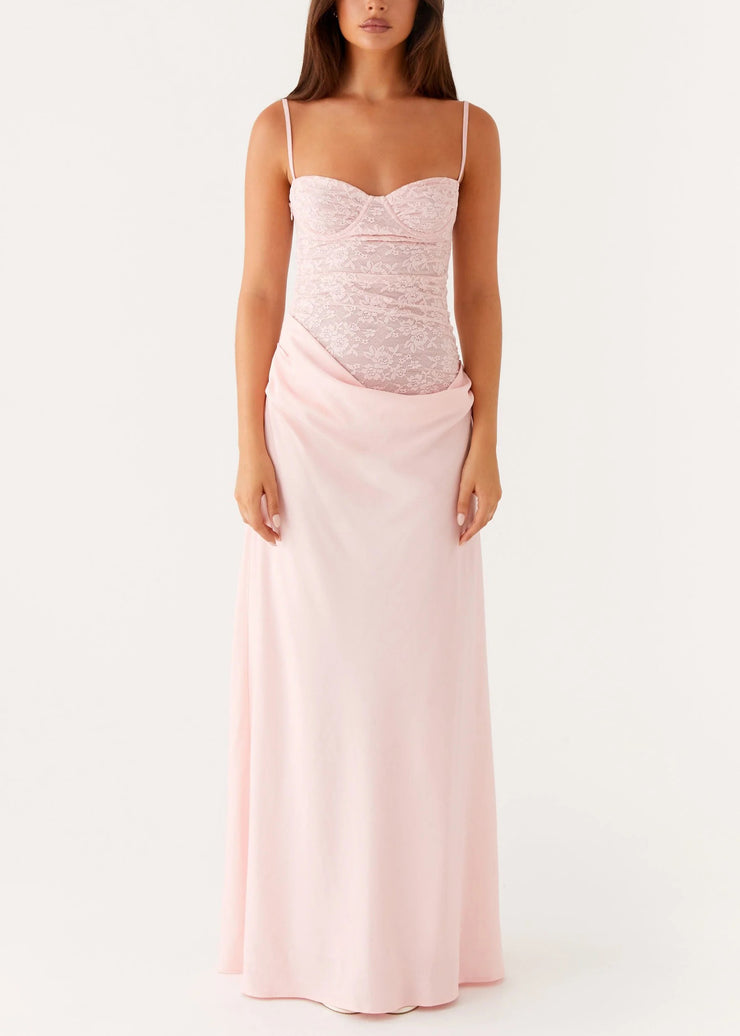 Slim Fit Pink Cold Shoulder Lace Patchwork Spaghetti Strap Dress Sleeveless