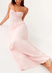 Slim Fit Pink Cold Shoulder Lace Patchwork Spaghetti Strap Dress Sleeveless