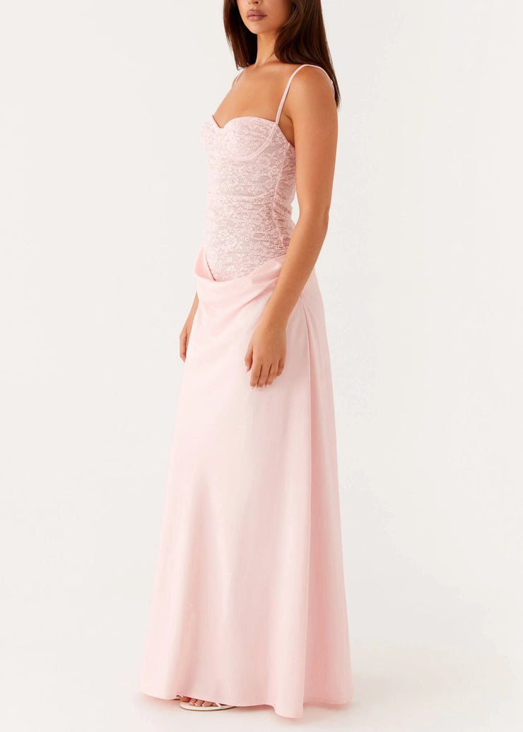Slim Fit Pink Cold Shoulder Lace Patchwork Spaghetti Strap Dress Sleeveless