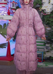 Slim Fit Pink Hooded Ruffled Print Side Open Duck Down Down Long Coat Winter