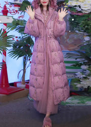 Slim Fit Pink Hooded Ruffled Print Side Open Duck Down Down Long Coat Winter