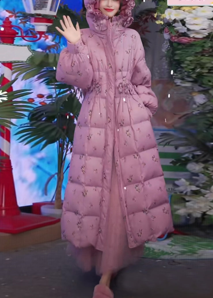 Slim Fit Pink Hooded Ruffled Print Side Open Duck Down Down Long Coat Winter