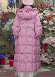 Slim Fit Pink Hooded Ruffled Print Side Open Duck Down Down Long Coat Winter