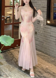 Slim Fit Pink Lace High Waist Tulle Spaghetti Strap Dress Sleeveless