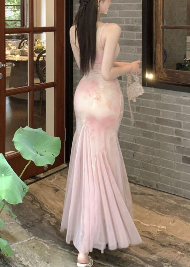 Slim Fit Pink Lace High Waist Tulle Spaghetti Strap Dress Sleeveless