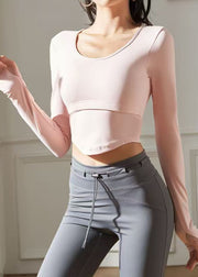 Slim Fit Pink Patchwork Hollow Out Yoga Tops Fall