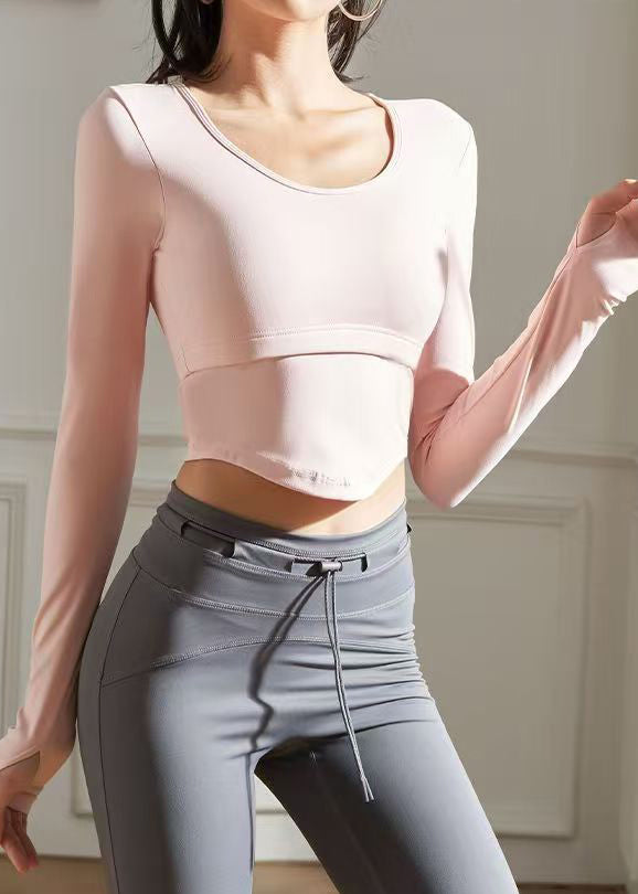 Slim Fit Pink Patchwork Hollow Out Yoga Tops Fall