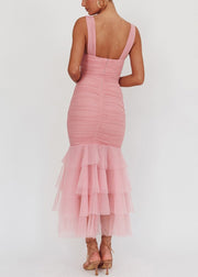 Slim Fit Pink Wrinkled Tulle Patchwork Long Dress Sleeveless