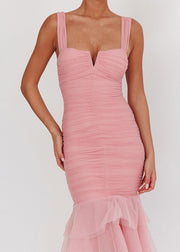 Slim Fit Pink Wrinkled Tulle Patchwork Long Dress Sleeveless