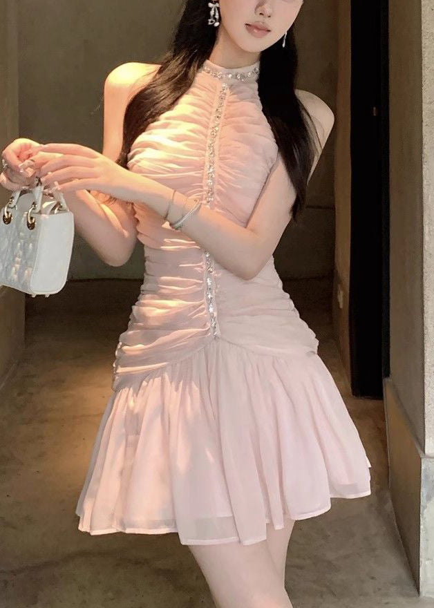 Slim Fit Pink Wrinkled Zircon Chiffon Dress Sleeveless