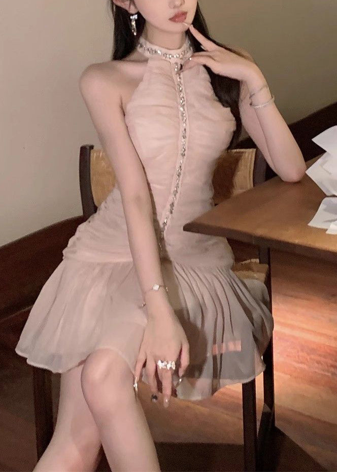 Slim Fit Pink Wrinkled Zircon Chiffon Dress Sleeveless